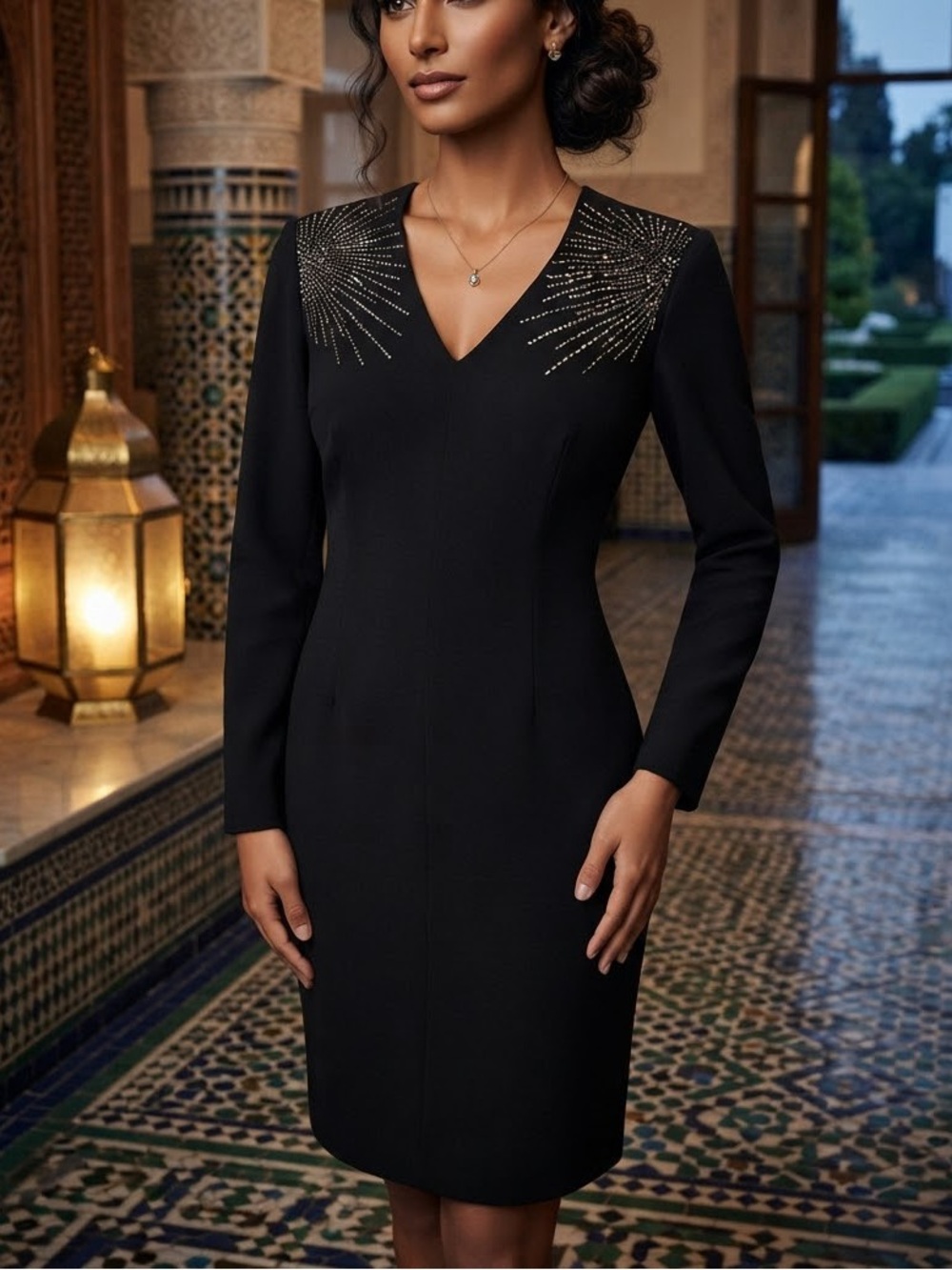 Calvin Klein Black Long-Sleeve Sheath Dress with Beaded Shoulder Accents size 12